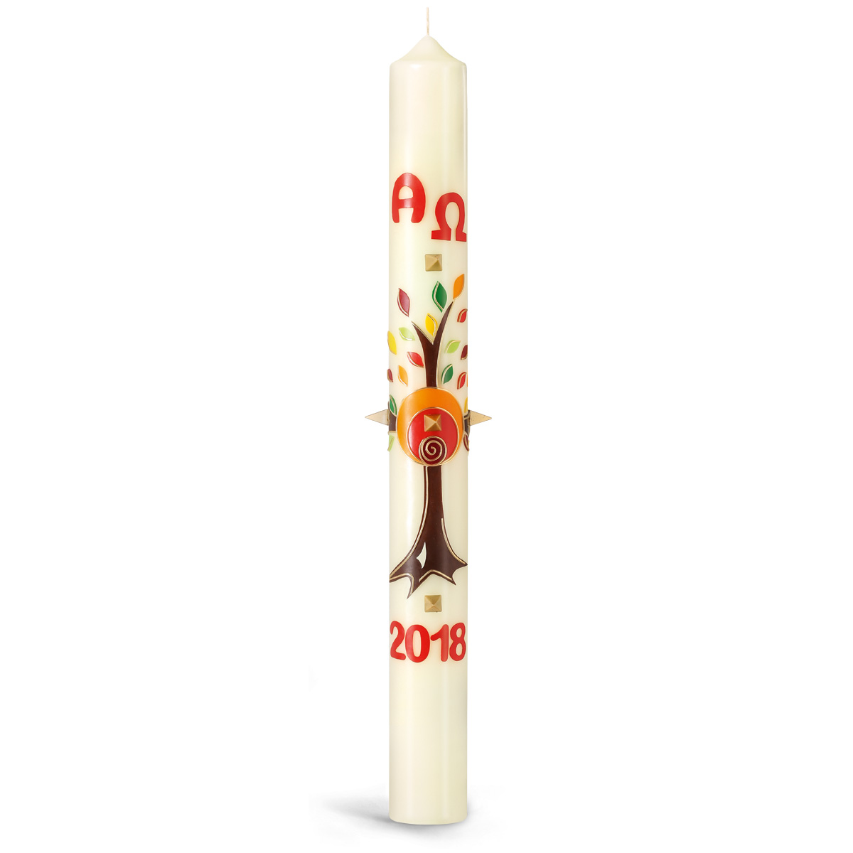 Osterkerze, 18.OK3, Baum, Rot-Orange-Braun, m. roten Nägeln