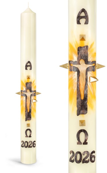 Osterkerze, 2026, Kreuz, Auferstandener, Osterlicht, A+Ω+JZ braun, Nr.25126 - Detailansicht