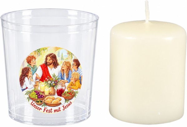 50 Motivbecher, Unser Fest mit Jesus, mit Stumpenkerze 60x50mm | Motiv auf dem Becher
