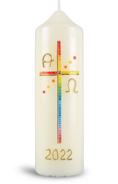 Ostertischkerze, Kreuz Regenbogenfarben, mit Jahreszahl gold, 0109, Größe wählbar