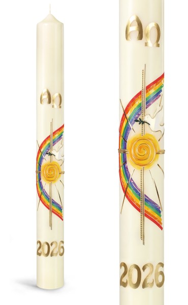 Osterkerze, 2026, Friedenstaube Regenbogen, Sonne, Kreuz, Nr.156 - Detailansicht