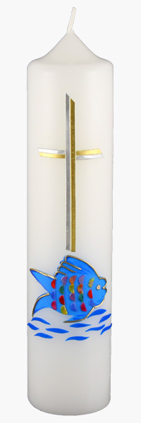 Kommuniontischkerze, 4857, 265x60, weiß, Fisch, blau-silber