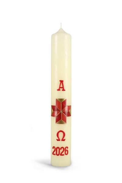 Osterkerze, 2026, 400 x 60 mm, Kreuz, rot-gold, Alpha+Omega m. Jahreszahl in rot, #26134