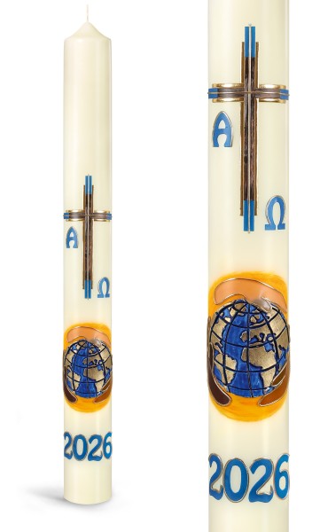 Osterkerze, 2026, Welt in Gottes Hand, Kreuz+Alpha+Omega+Jahreszahl blau/braun/gold, Nr.24122 - Detailansicht