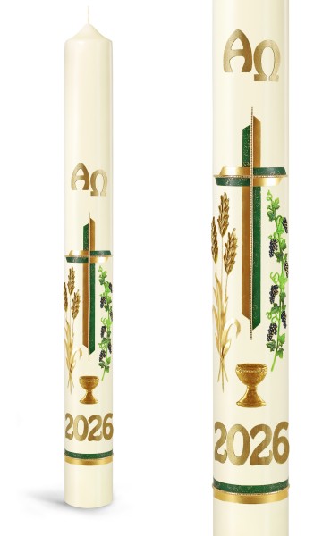 Osterkerze, 2026, Weinreben, Ähren, Kelch, Kreuz grün-gold, A+Ω+JZ in gold, Nr.23119 - Detailansicht