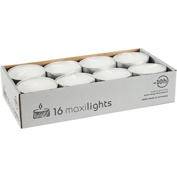 16 Maxi-Teelichte, Ø58mm, Alu, weiß, maxilights, Aktionspreis!
