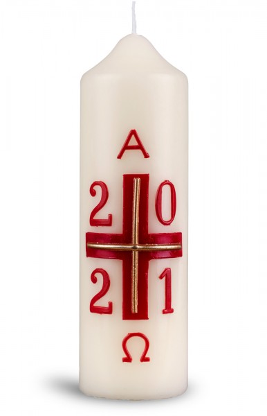 Ostertischkerze, 1274, 165x50, Kreuz-rot-gold mit Jahreszahl