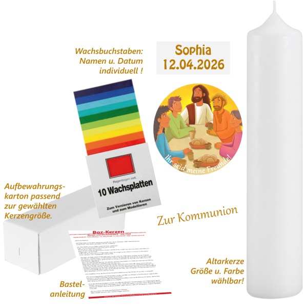 Bastelset, Kommunionkerze, Ihr seid meine Freunde!, Kerzengröße und -Farbe wählbar