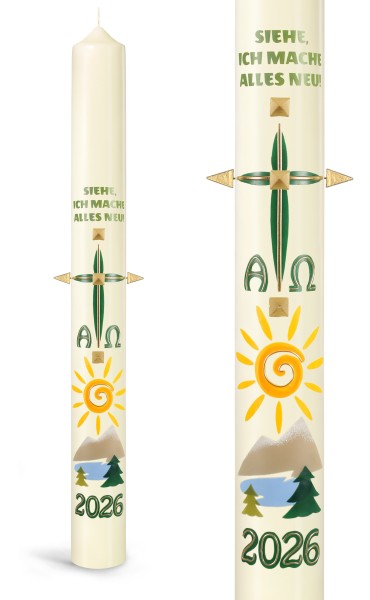 Osterkerze, 2026, Jahreslosung, Siehe ich mache alles neu, grünes Kreuz, Sonne, A+Ω+JZ, Nr.26132 - Detailansicht