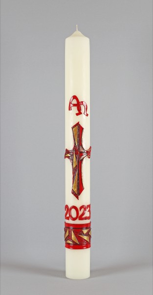Osterkerze, 800x80mm, Kreuz, A+Ω+JZ rot, Einzelstück, Abverkauf, 1220