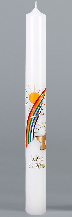 Kommunionkerze, 5869, 400x40, weiß, Regenbogen, Kelch, Hostie, gold