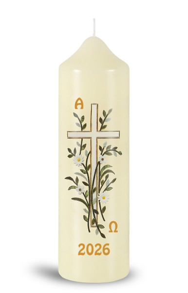 Ostertischkerze, 2026, weiße Blüten, weißes Kreuz, Fotodruck, Nr.240123, Größe wählbar