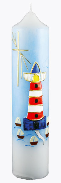 Kommuniontischkerze, 4846, 265x60, weiß, Leuchtturm, blau, rot, gold