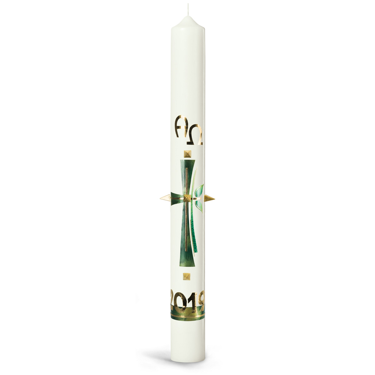 Osterkerze, 19.6012, Kreuz, grün-gold, mit Borde, mit goldenen Nägeln