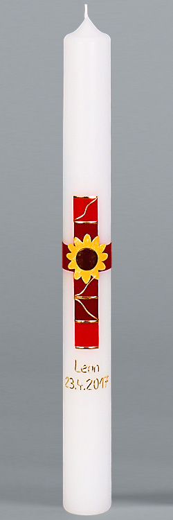 Kommunionkerze, 5904, 400x40, weiß, Sonnenblume, Kreuz, rot, gold