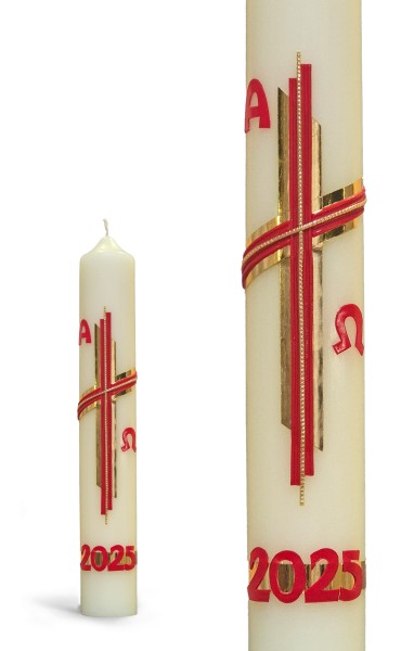 Osterkerze, 2025, 400 x 60 mm, Kreuz, rot-gold, A+Ω+Jahreszahl in rot, #6075