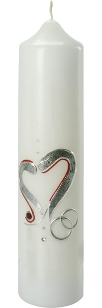 Silber-Hochzeitskerze, rot-silbernes Herz, silberne Ringe, 265x60, Nr.2530
