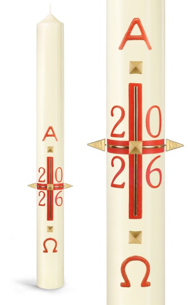 Osterkerze, 2026, rotes Kreuz, A+Ω+Jahreszahl, Fotodruck-Wachs, mit goldenen Nägeln, Nr.26133 - Detailansicht