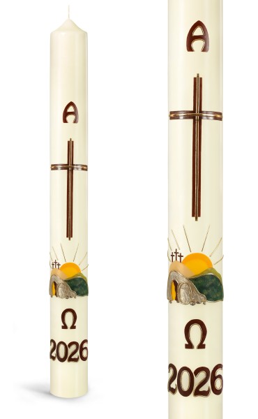 Osterkerze, 2026, offenes Grab, Kreuz, Alpha, Omega, Jahreszahl, braun-gold, Nr.24124 - Detailansicht