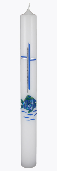 Kommunionkerze, 5857, 400x40, weiß, Fisch, blau-silber