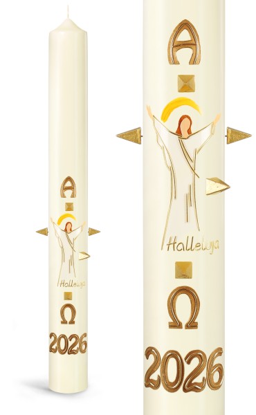 Osterkerze, 2026, Auferstandener, Halleluja, A+Ω+Jahreszahl gold, Nr.25127 - Detailansicht