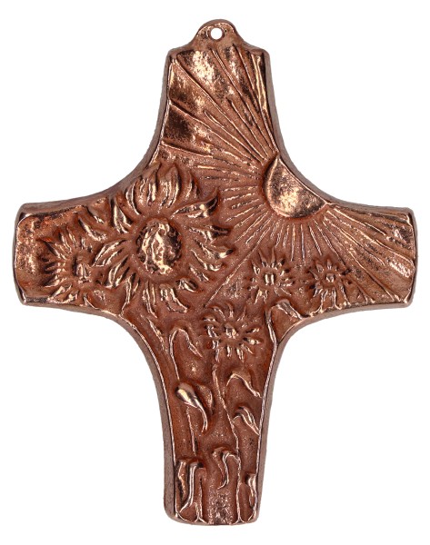 Bronzekreuz 142052, h=9,5cm, Schöpfung, Sonne und Blumen
