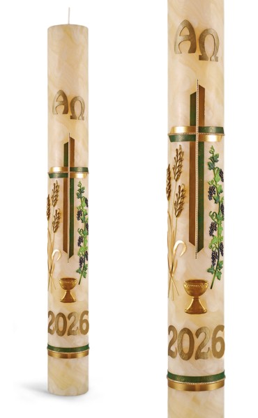 Osterkerze, 2026, 100% Bienenwachs, Kreuz grün-gold, Ähre, Weinrebe, Kelch, A+Ω+JZ in Gold, Nr.22160 - Detailansicht