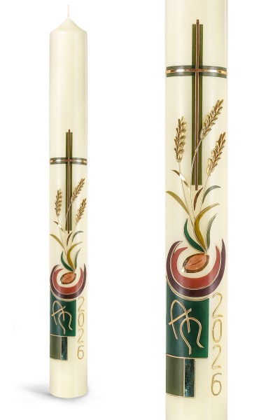 Osterkerze, 2026, Samenkorn, Kreuz, grün, gold, Nr.152 - Detailansicht