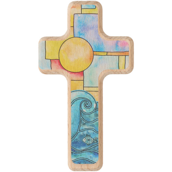 Holzkreuz 330373, h=18cm, Sonne und Wasser, Buche Natur