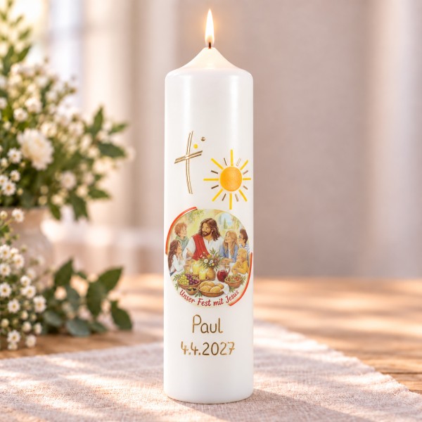 Kommuniontischkerze, Unser Fest mit Jesus, Kreuz m. Sonne, 4952, Größe / Farbe wählbar