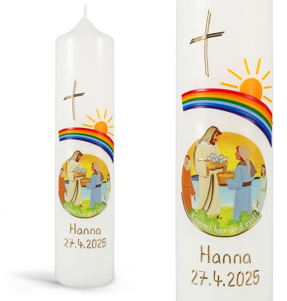 Kommuniontischkerze, Kommt her und esst!, Regenbogen, 4943, Größe und Farbe wählbar